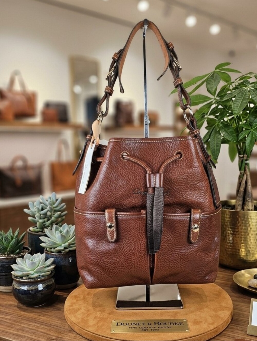 Dooney & Bourke Vintage Florentine Vacchetta Brown Leather Pocket Drawstring Bag